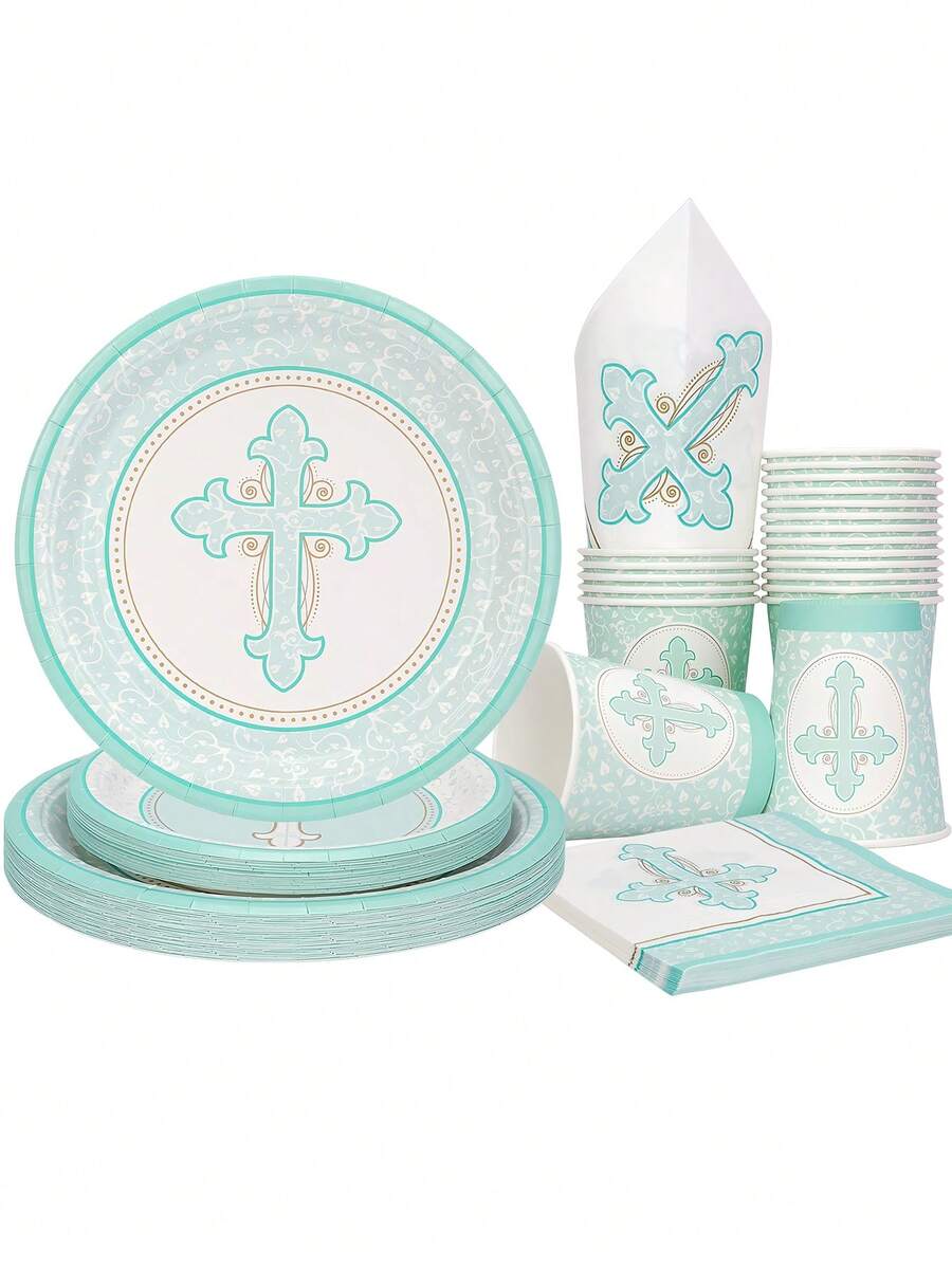 10 pièces/20 pièces/50 pièces/80 pièces Set de vaisselle Bleu pour Communion, comprenant assiettes, gobelets et serviettes. Convient pour la Première Communion, le Baptême de garçon, Pâques, la Confirmation, le Baptême, les fêtes d'église et autres occasions religieuses - Bleu azur - Voir 1