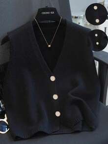 1 件纯白色针织纽扣 V 领无袖夏季开衫毛衣背心 - 黑色 - 查看 5
