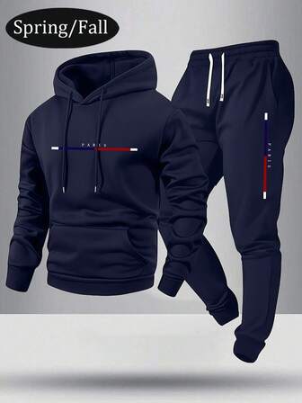 Men's Thin Paris Letter Print Hoodie And Sweatpants Set, Fashion Casual Sportswear With Pockets And Drawstring Waist Pants, Suitable As Gift For Husband Or Boyfriend, Spring/Autumn