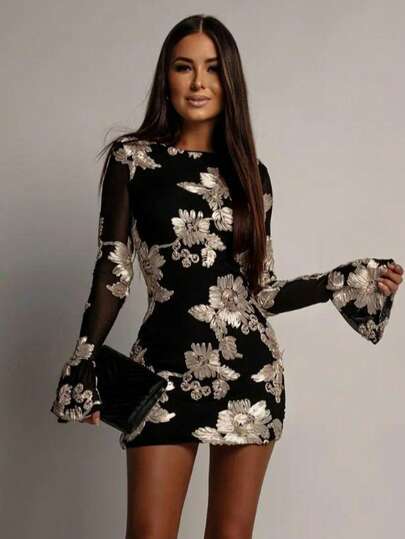 Floral & Leaf Print Long Sleeve Women Short Dresses