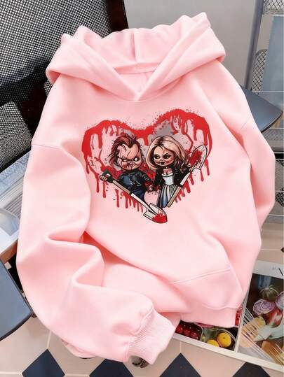 Sudadera con capucha de forro polar con estampado gráfico casual y ajuste holgado para mujer, invierno, Día de Muertos y Halloween