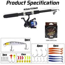 6.9英尺两节伸缩式钓竿和渔线轮组合套装，含鱼饵、鱼钩和其他钓鱼用具，可折叠钓竿和渔线轮套装，适用于鲈鱼垂钓 - 彩色 - 查看 3