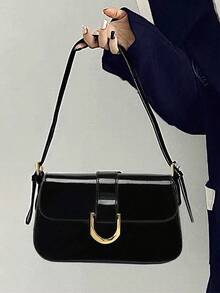 1pc Women's Patent PU Leather Baguette Bag, Burgundy, Y2K Girlcore Handbag, Small Square Bag, Minimalist Crossbody Bag, Versatile Work Bag, Student Satchel,2026 Retro Black Patent Leather Shoulder Bag For Women | Gold U-Shaped Buckle Baguette Bag | Fashion Y2K Aesthetic Crossbody Purse | Designer Inspired Evening Handbag | US Fast Delivery 2-7 Days - 黑色 - 查看 1