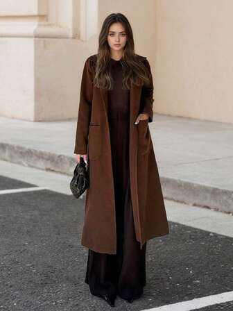 1 件纯色口袋中长款羊毛大衣，适合女士日常穿着，秋冬