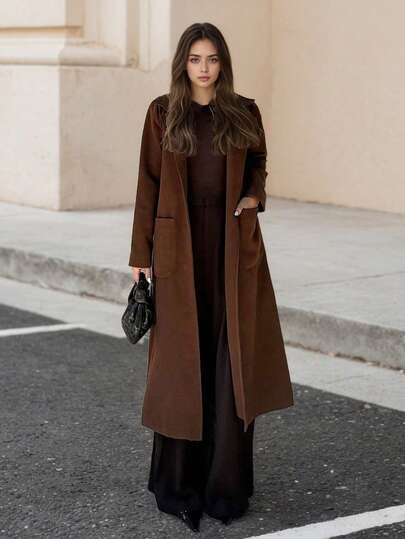 1 件纯色口袋中长款羊毛大衣，适合女士日常穿着，秋冬