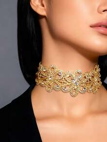 Luxury Floral Rhinestone Choker Necklace For Women, Sparkly Wide Crystal Lace Collar Jewelry, Elegant Statement Accessory For Party, Prom, Evening Dress