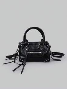 DareSee 1个黑色拼接铆钉镶嵌金属流苏拉链装饰复古PU材质环带装饰铆钉镶嵌双提手可调节长肩带设计拉链闭合时尚复古甜美酷炫机车包Y2K朋克风方形包女士手提包休闲低调奢华风格女士斜挎包可装手机卡包等适合日常旅行购物等用途，礼品音乐节 - 黑色 - 查看 1