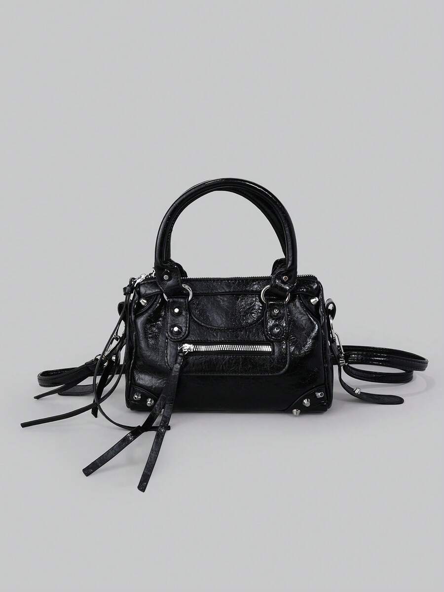 DareSee 1个黑色拼接铆钉镶嵌金属流苏拉链装饰复古PU材质环带装饰铆钉镶嵌双提手可调节长肩带设计拉链闭合时尚复古甜美酷炫机车包Y2K朋克风方形包女士手提包休闲低调奢华风格女士斜挎包可装手机卡包等适合日常旅行购物等用途，礼品音乐节 - 黑色 - 查看 1