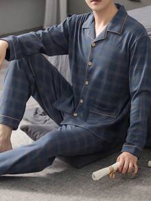 2pcs/Set Men's Loose Fit Long Sleeve Cardigan Pajama Set, Casual Sleepwear For Middle-Aged, Autumn/Winter 2025 Collection - Blue - View 1