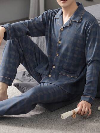 2 st/set herrpyjamasset med långärmad kofta, lös passform, avslappnade sovkläder för medelålders, höst/vinter 2025-kollektion