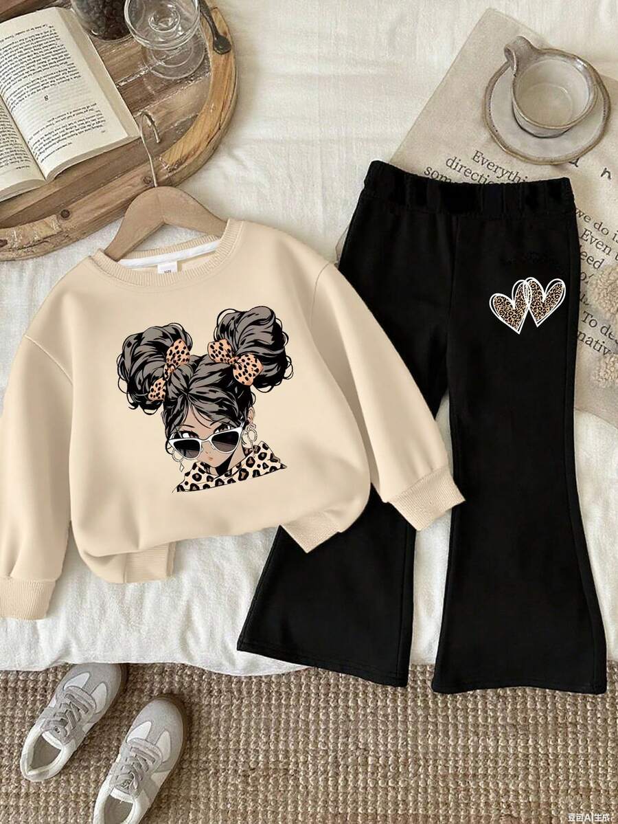2pcs/Set Cartoon Girl Leopard Print Heart Casual Outfit, Comfortable & Versatile, Suitable For Outdoor Play In Spring & Autumn, Unique Style - Apricot - View 1