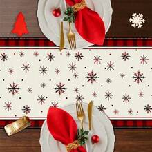 1 pieza Camino de mesa a cuadros rojos y negros de Navidad, hecho de tela de poliéster con patrones clásicos de gnomos, muñecos de nieve y renos de Navidad, ideal para la decoración de la mesa de la cocina de estilo granja, reuniones familiares y decoración de la mesa de cena de Año Nuevo.