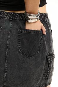 Solavibe Plus Size Women Distressed Denim Effect Woven A-Line Skirt With Pockets - Black - View 6