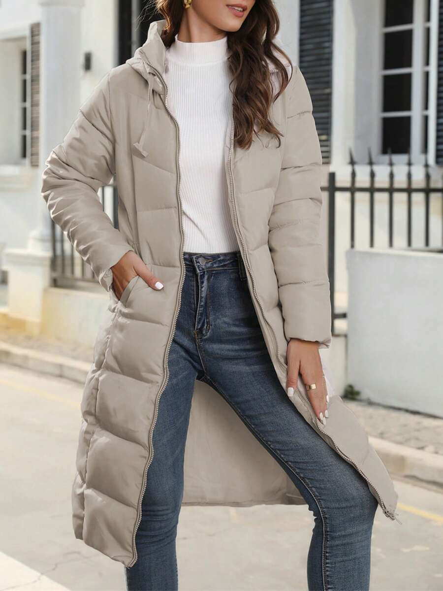 Women's Long Puffer Jacket Autumn Winter Warm Quilted Coat Long Sleeve Zip Up Jacket Fall Outerwear With Hood Streetwear Y2K Long Cardigan Hoodies - 卡其色 - 查看 1