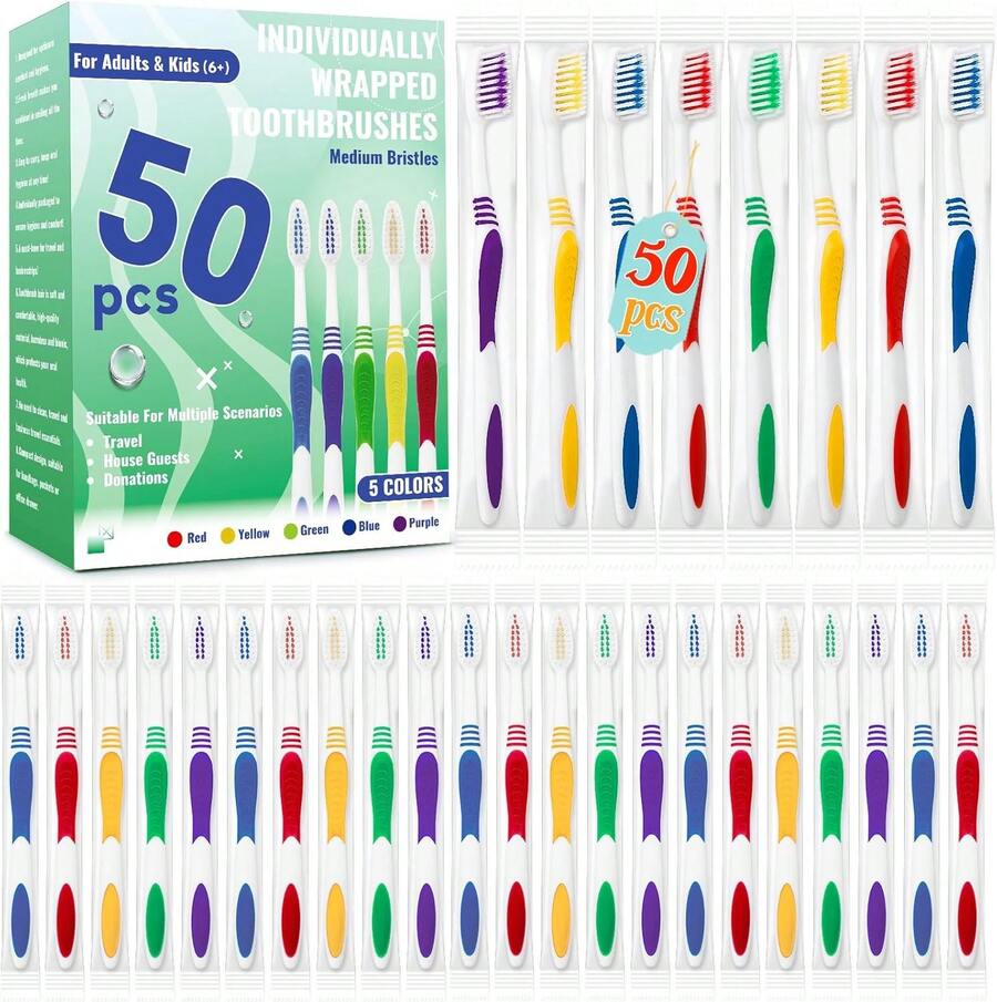 50 Pcs Toothbrush Bulk , Travel Toothbrushes Pack, Soft Bristle Individually Wrapped And Good Cleaning For , Adult And The Elderly. Suitable For Hotel, Travel, Home, Donated,25775080 - Đỏ và trắng - Xem 1