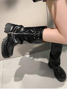 Women's Black Platform Slouchy Boots Round Toe Mid Calf Boots Slouch Fold Over Tall Boots Riding Boots Low Heel Wide Calf Motorcycle Boots - Black - View 3