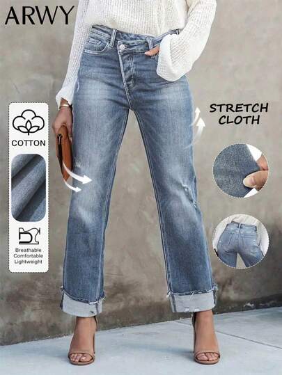 ARWY Slim-Fit Casual Distressed Criss-Cross Waist Cat Whisker Washed Stretchy Skinny Straight-Leg Jeans For Women, Elegant Fashion For Daily, Holiday, Stage Performance, Halloween, Back To School, All Seasons