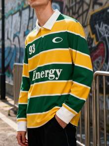 Men's Retro Spring/Autumn Striped Contrast Color Long Sleeve Polo Shirt With "Energy" & "93" Graphic, Collar Button, Casual Streetwear Outdoor Sports Tops - Multicolor - View 5