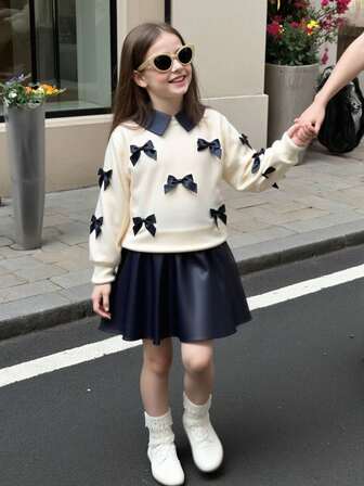 2pcs/Set Young Girl' Fashion Casual Warm Outfit - Collared Bow Sweatshirt + Black PU Warm Skirt