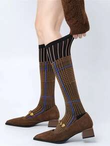 1 Pair Retro American Preppy Style Knee,High Socks, Colorblock Houndstooth & Plaid Pattern, Suitable For Early Autumn, Cozy Socks - Multicolor - View 2