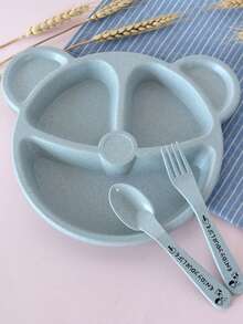 Juego de vajilla infantil de 3 piezas, juego de platos infantiles con plato dividido, cuchara y tenedor, juego de vajilla infantil, juego de alimentación para niños, plato de paja de trigo con diseño dividido, perfecto para niños y niñas que están aprendiendo a comer solos, vajilla infantil para Navidad, cumpleaños, uso diario, accesorio de mesa duradero y elegante - Azul - Ver 1