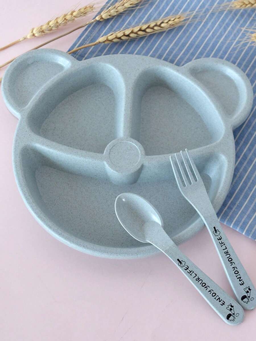 Juego de vajilla infantil de 3 piezas, juego de platos infantiles con plato dividido, cuchara y tenedor, juego de vajilla infantil, juego de alimentación para niños, plato de paja de trigo con diseño dividido, perfecto para niños y niñas que están aprendiendo a comer solos, vajilla infantil para Navidad, cumpleaños, uso diario, accesorio de mesa duradero y elegante - Azul - Ver 1