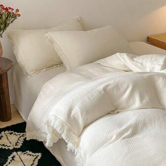 3件套柔软舒适的白色流苏荷叶边被套组（1个被套+2个枕套，不含被芯），适用于卧室、客房，可机洗