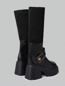 DareSee Giày bốt nữ thời trang thu đông mới, kiểu dáng slip-on, khóa kéo bên hông, đế dày, có thể gập lại, thích hợp cho hoạt động ngoài trời, đi bộ đường dài đến giữa bắp chân, cổ bốt co giãn, khóa kéo trang trí, mũi tròn, đế dày tăng chiều cao 9cm, đế chống thấm nước 4cm, quà tặng lễ hội âm nhạc. - màu đen - Xem 4