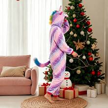 Pijama Unicornio Adulto Unisex Peluche, Pareja Pijamas Invierno Otoño, Mono Cartoon Estrella Cola Colorida, Disfraz Halloween Navidad, Regalo Dormir en Casa Adultos - Morado - Ver 3