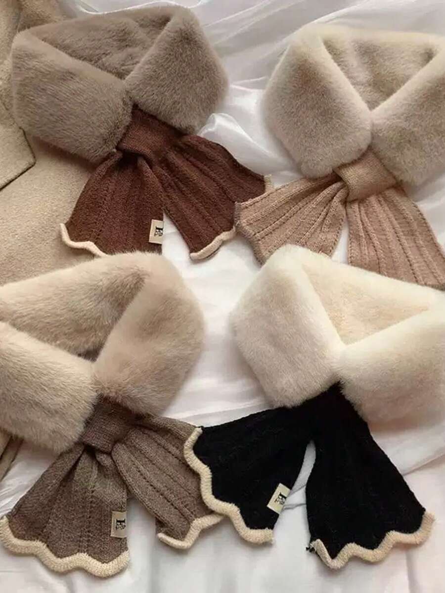 1条女士针织毛绒领围巾，搭配鱼尾缎带拼接设计，适合秋冬季日常保暖搭配连衣裙 - 酒紅花 - 查看 1