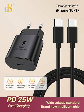 1 pack Chargeur rapide USB-C PD3.0 PD25W compatible avec 17/16/16 Pro/16 Pro Max/15/15 Pro Max, MacBook Air 2023, iPad Pro 2023, iPad Air 5, Galaxy S23 S23+ S23 Ultra S22 S22+ S22 Ultra S21/S21+/S21 Ultra S20/S20+/S20 Ultra Note 20/Note 20 Ultra Note 10/Note 10 Plus A90 A80 A72 A71 A70, Pixel 2/2XL/3/3XL/3a/3aXL/4/4 XL/5/6/6a/7, iPad Pro, iPad Air4, iPad Mini 6, avec câble de charge de type C