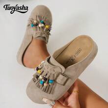 女士新款厚底鞋，牛津鞋款式，厚底高跟，休闲套脚鞋，包头设计，流苏串珠装饰，舒适百搭，适合户外旅行、休闲场合和居家穿着。 - 卡其色 - 查看 10