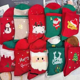 3 Pairs Women's Christmas Socks, Mid-Calf Socks, Red Socks For Chinese New Year, Couple Christmas Gift, Knee-High Socks, Autumn/Winter