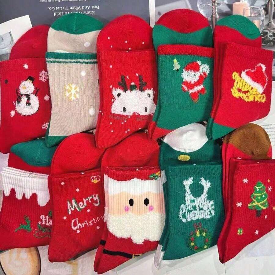 3 Pairs Women's Christmas Socks, Mid-Calf Socks, Red Socks For Chinese New Year, Couple Christmas Gift, Knee-High Socks, Autumn/Winter - Multicolor - View 1