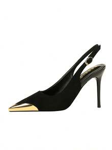 European & American Style Metal Pointed Toe High Heel Pumps, Slim Heel Super High Heel Ankle Strap Women's Party Shoes