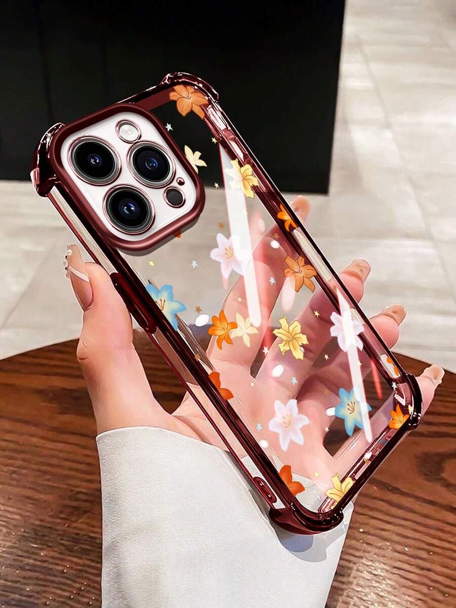 Custodia per iPhone 14 15 16 Pro Max 14 15 Plus 16 Plus 11 12 13 Pro Max, morbida custodia inferiore in silicone trasparente con custodia protettiva in TPU a schermo intero con fiore arancione e lente all-inclusive