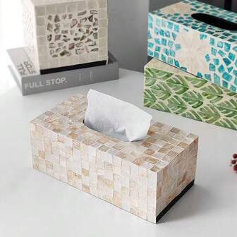 1 pieza Caja de pañuelos decorativa con incrustaciones de concha natural, soporte de papel higiénico de estilo lujoso y creativo para uso doméstico, adecuado para decoración de Navidad, Halloween y regalos
