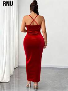 RNU Đầm nhung thanh lịch dành cho nữ cỡ lớn với cổ khoét sâu, lưng chéo, khoét eo, xẻ cao, thiết kế dây rút, đa năng cho tiệc tùng, đi chơi đêm, ngày lễ, sinh nhật. - Màu Đỏ Sâu - Xem 6