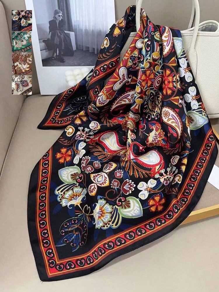 1条佩斯利花纹撞色方巾，简约优雅 - 彩色 - 查看 2