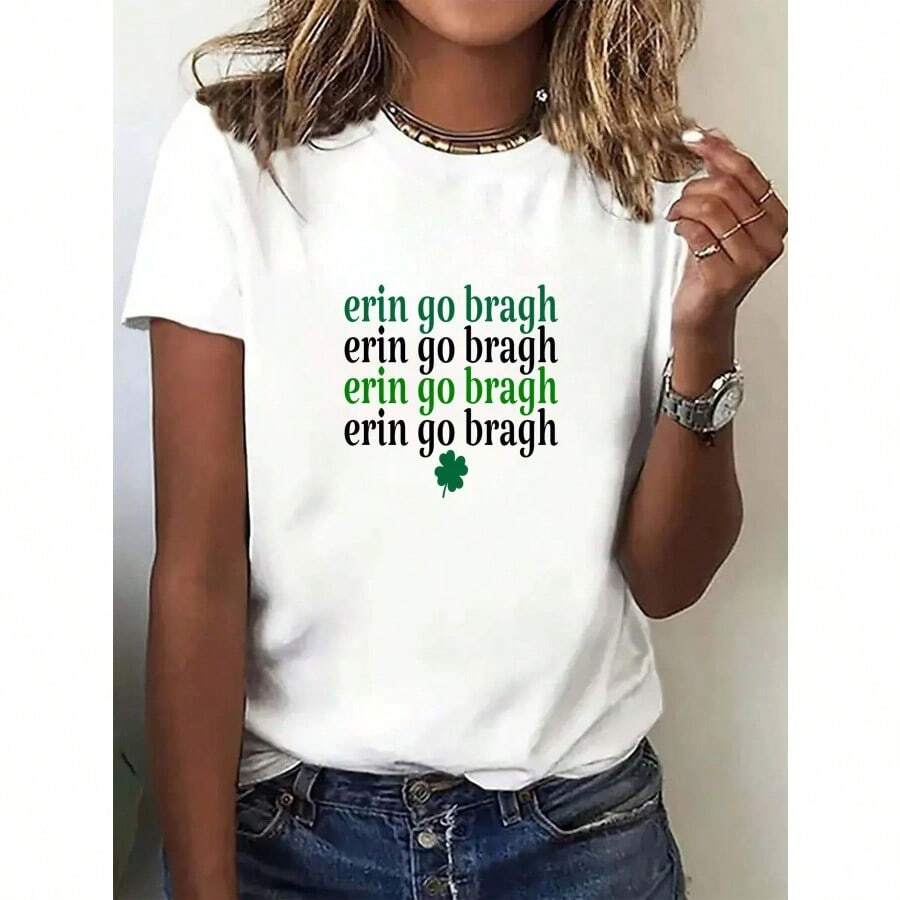Women's St. Patrick's Day Fashion T-Shirt - Soft, Round Neck, Short Sleeve, Green & Black Letter Print With Shamrock Design, Casual Spring/Summer Tee For Work, Party, Or Casual Attire, Ladies T Shirts - 白色 - 查看 1