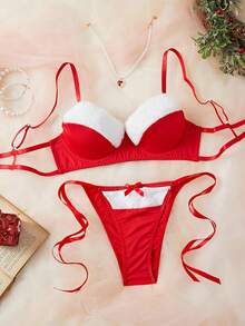 2-częściowy seksowny komplet bielizny damskiej, pluszowy biustonosz push-up w czerwone serduszko, bielizna erotyczna na walentynki, miesiąc miodowy