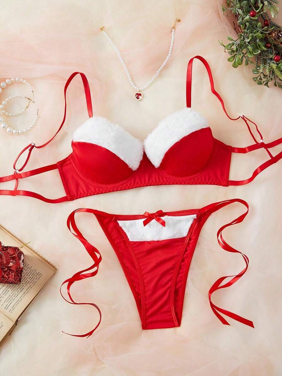 2-częściowy seksowny komplet bielizny damskiej, pluszowy biustonosz push-up w czerwone serduszko, bielizna erotyczna na walentynki, miesiąc miodowy