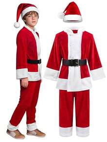 Kids Santa Claus Suit For Boys Girls Christmas Top+Pants+Belt+Hat+4 Pcs Outfits Santa Outfit New Years Holiday Party Dress UP - Red - View 2
