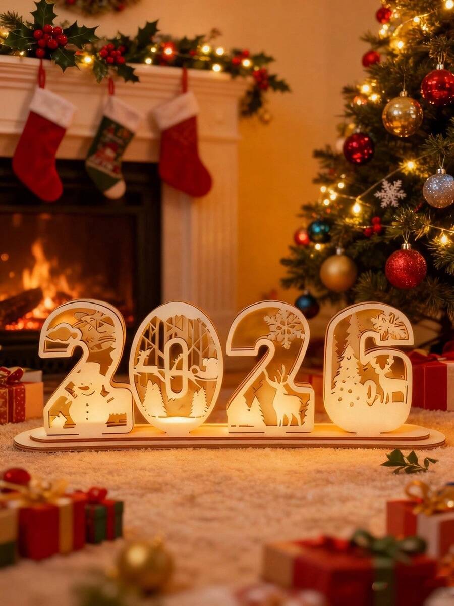 1 peça de ornamento decorativo de placa de madeira para o Ano Novo de 2026, suprimentos de decoração para festas de fim de ano em família, lembrancinhas de festa de Feliz Natal de 2025, decoração de Natal de 2025, decoração de Ano Novo para sala de estar, cozinha, mesa de jantar e banheiro, decoração de atmosfera para o dia de Ano Novo de 2026, decoração de mesa, decoração de casa, decoração de inverno, decoração de primavera - Sinal de 2026 - Ver 1