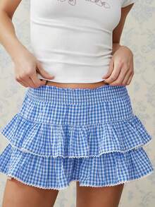 Womens Tiered Ruffled Short Skirts Plaid Print Smocked Waist Lacy Trim Cute Mini Skirts - Blue - View 2