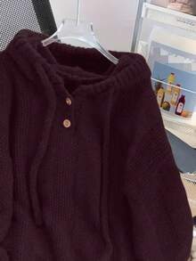 Solid Color Casual Minimalist Drawstring Hooded Sweater - Burgundy - View 2