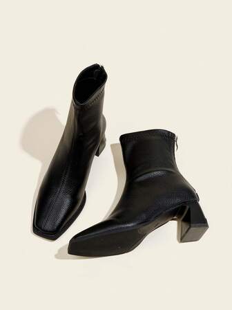 Höst/vinter dam svarta ankelstövlar och korta stövlar, 6 cm hög klack, elastiska smala stövlar, bekväma och moderiktiga stövlar med grov blockklack