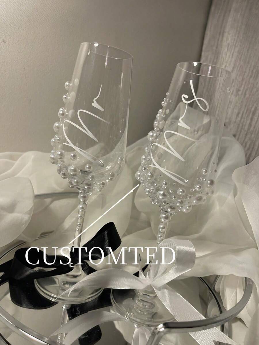 Personalized Bride Champagne Flute, Faux Pearl Crystal Glass Champagne Flute, Customized Champagne Flute For Bride And Bridesmaids - Reusable, Dishwasher , Customized Champagne Flute With Bow / Bride And Bridesmaids Wine Glass / Wedding Party Glassware / Wedding Supplies / Champagne Flute / Champagne Coupe / Bridesmaid / Bride / Maid Of Honor / Mother Of The Bride / Bachelorette Party / Birthday Party - Multicolor - View 1