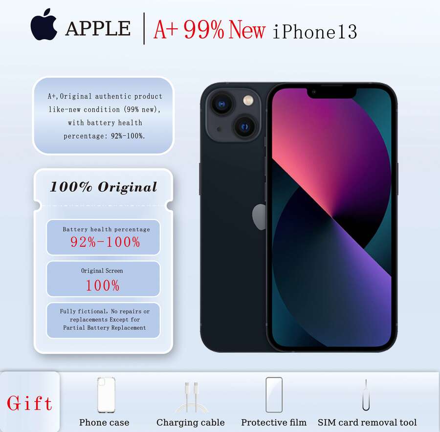 Apple A+，二手 iPhone 13，原装正品，全新状态（99% 新），电池健康百分比：90%-100%；原装屏幕 - 午夜色 - 查看 1