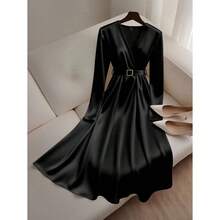 Satin + Belt Decor Long Sleeve Midi Dress - Black - View 1